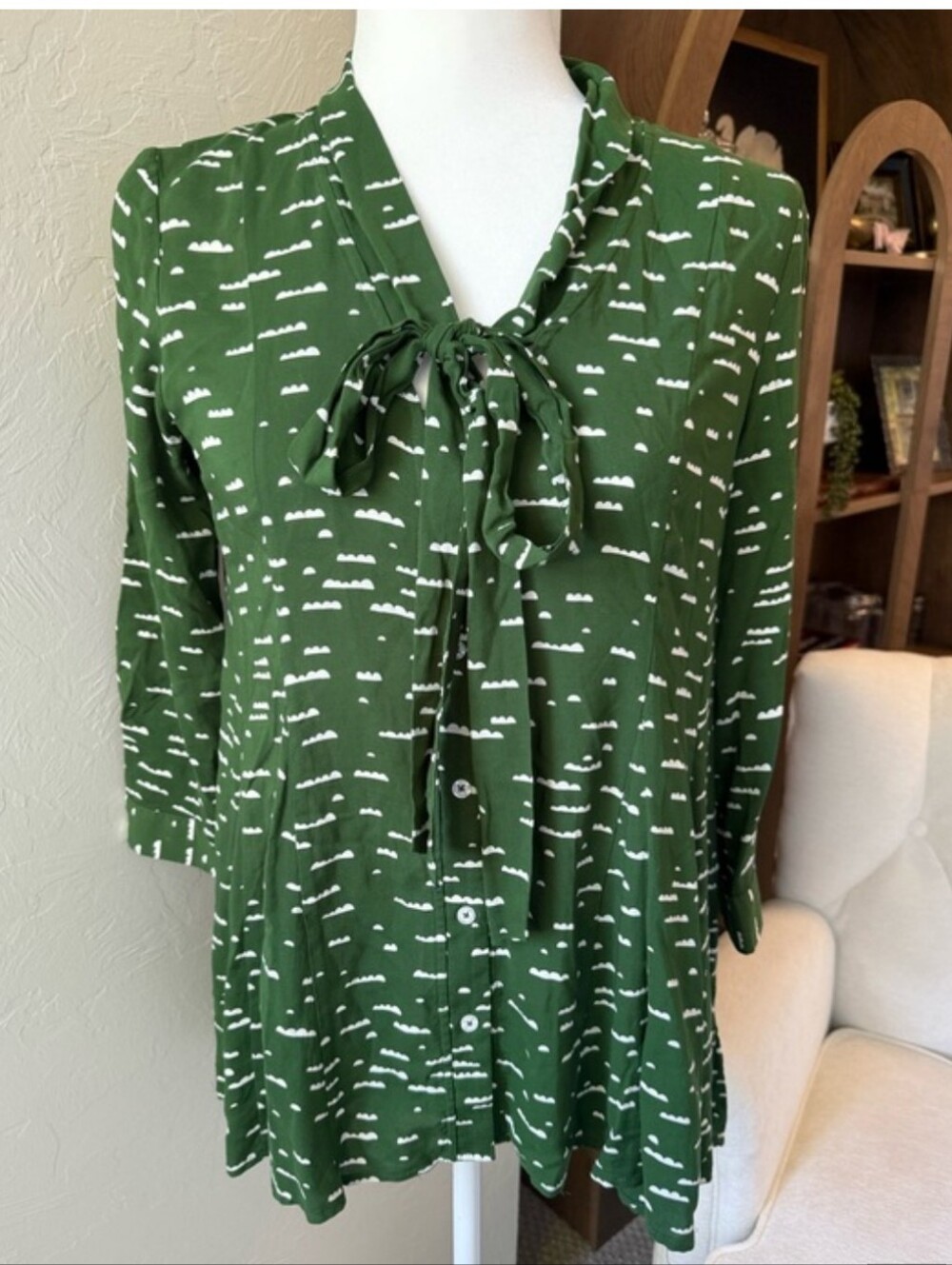 Maeve Anthropologie Green Tie Neck High Low Blouse - Sz S